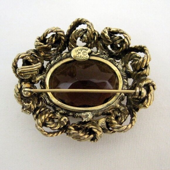 Vintage 60s 70s Brooch Original by Robert Brass Glass Smokey brown Pin Jewelry - Picture 3 of 5